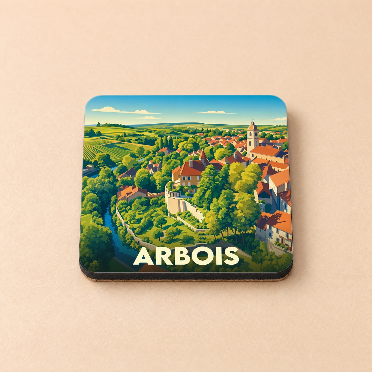 Dessous de verre souvenir de la ville d'Arbois avec une illustration stylisée et colorée du paysage urbain.