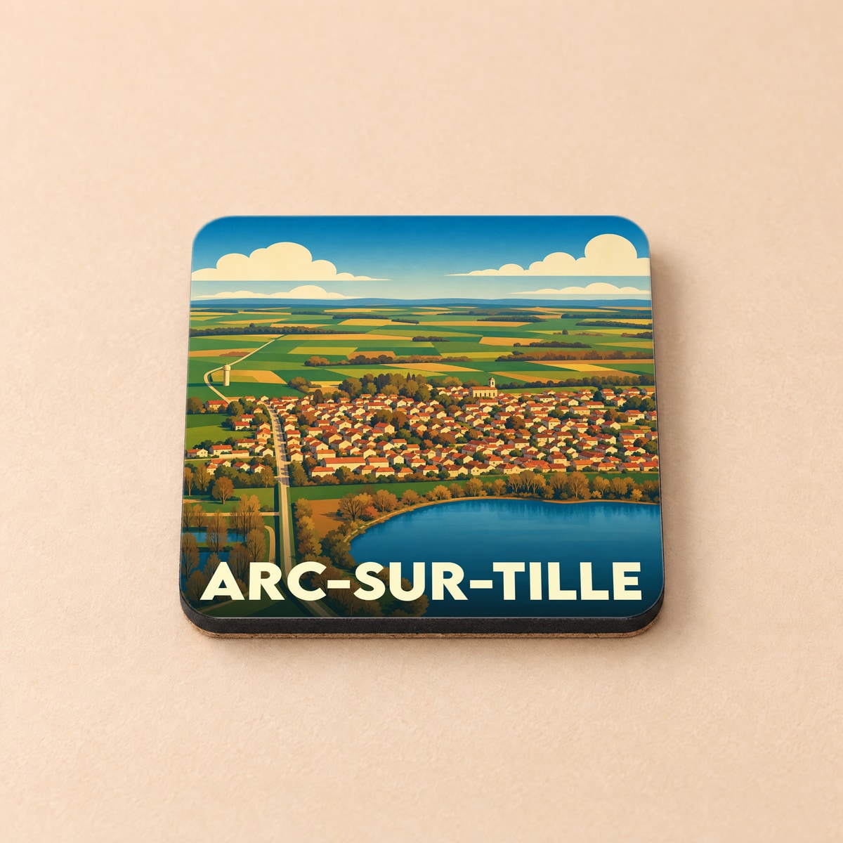 Dessous de verre souvenir de la ville d'Arc-sur-Tille avec une illustration stylisée.