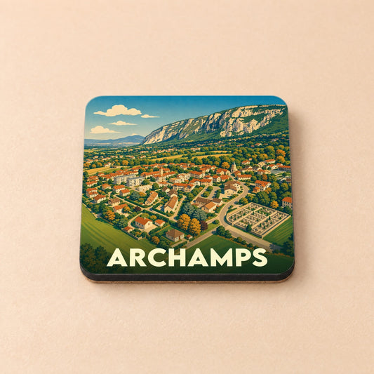 Dessous de verre souvenir de la ville d'Archamps avec une illustration stylisée d'un village de montagne.