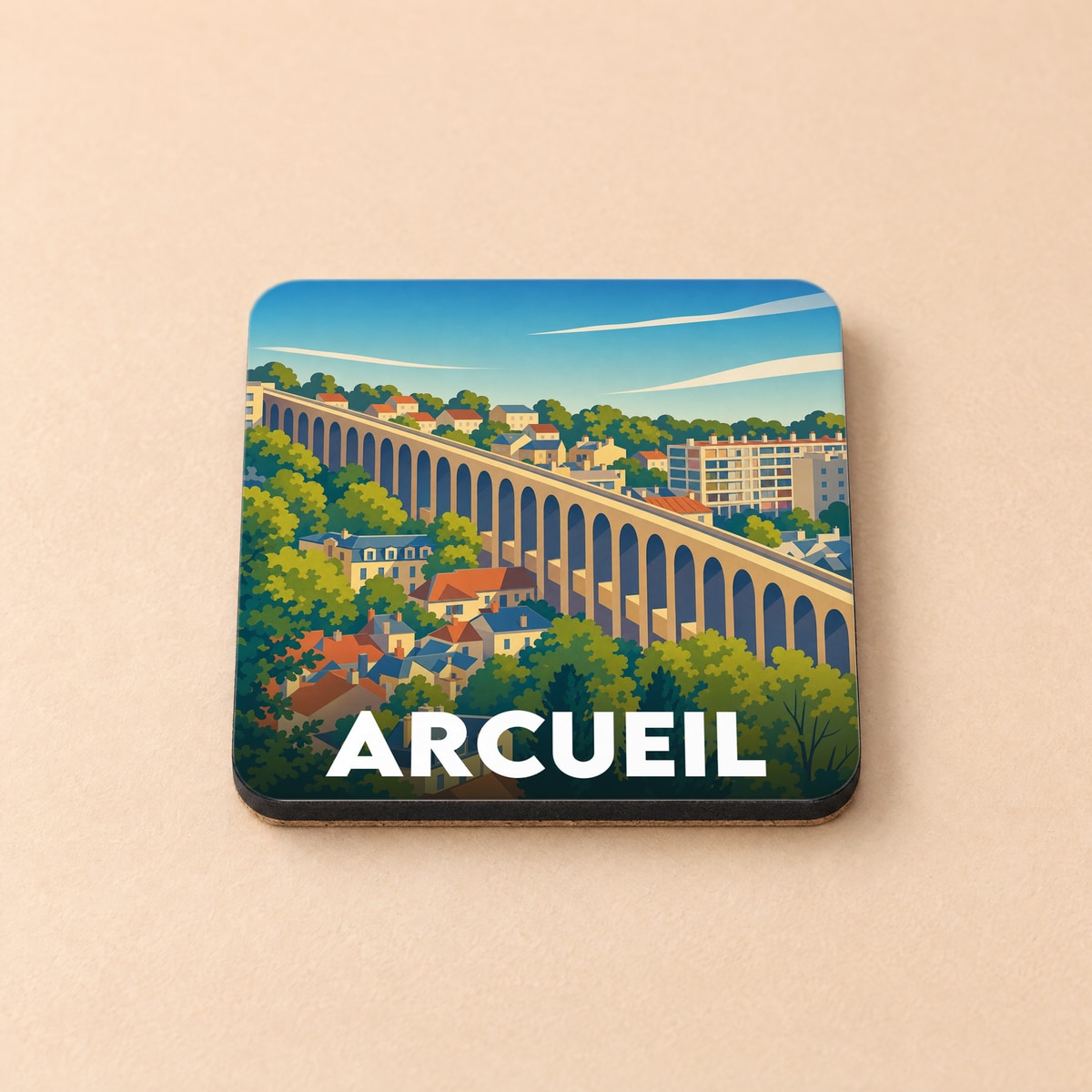 Dessous de verre souvenir de la ville d'Arcueil illustrant son célèbre aqueduc dans un style graphique épuré.