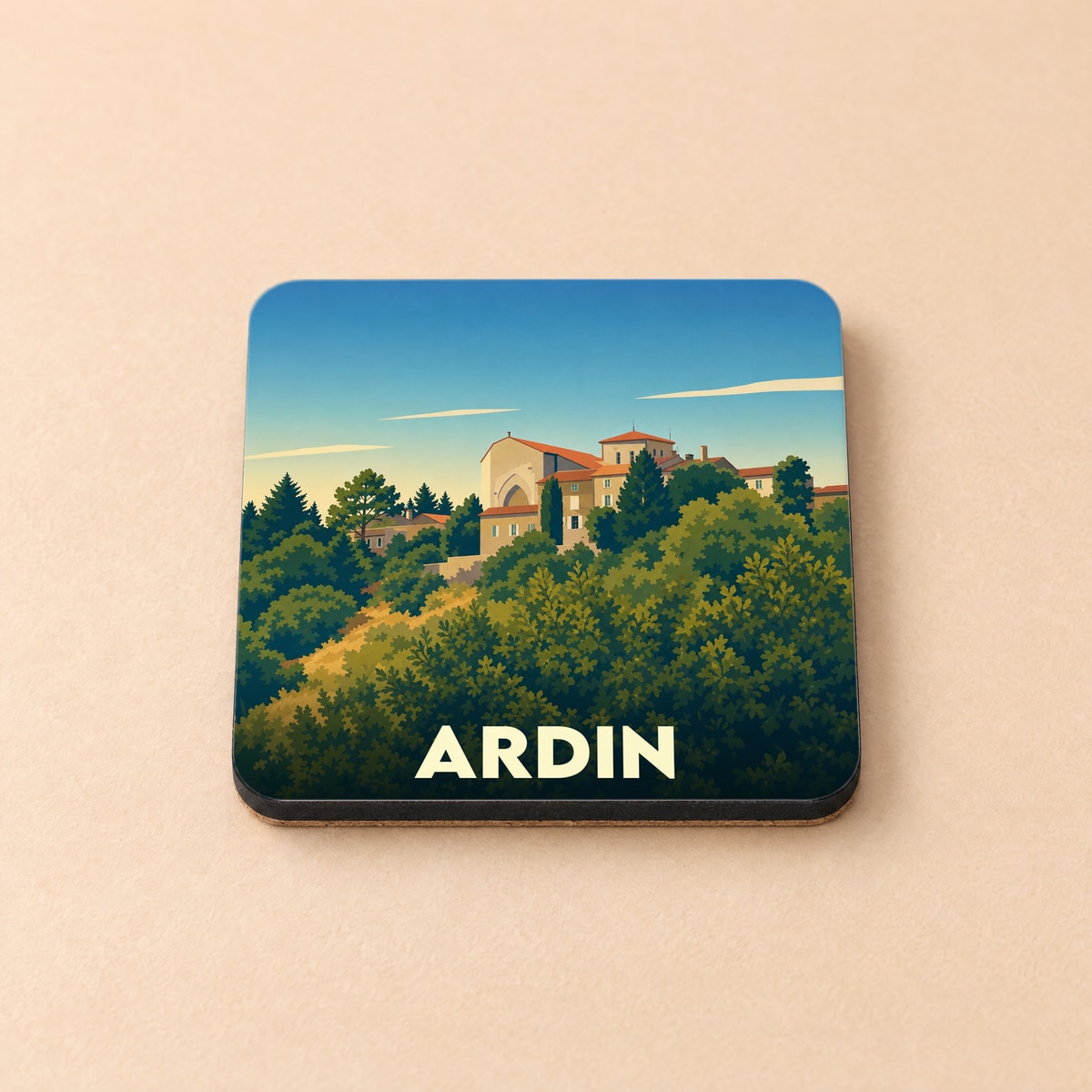 Dessous de verre souvenir de la ville d'Ardin avec une illustration stylisée de son paysage urbain et de sa végétation.