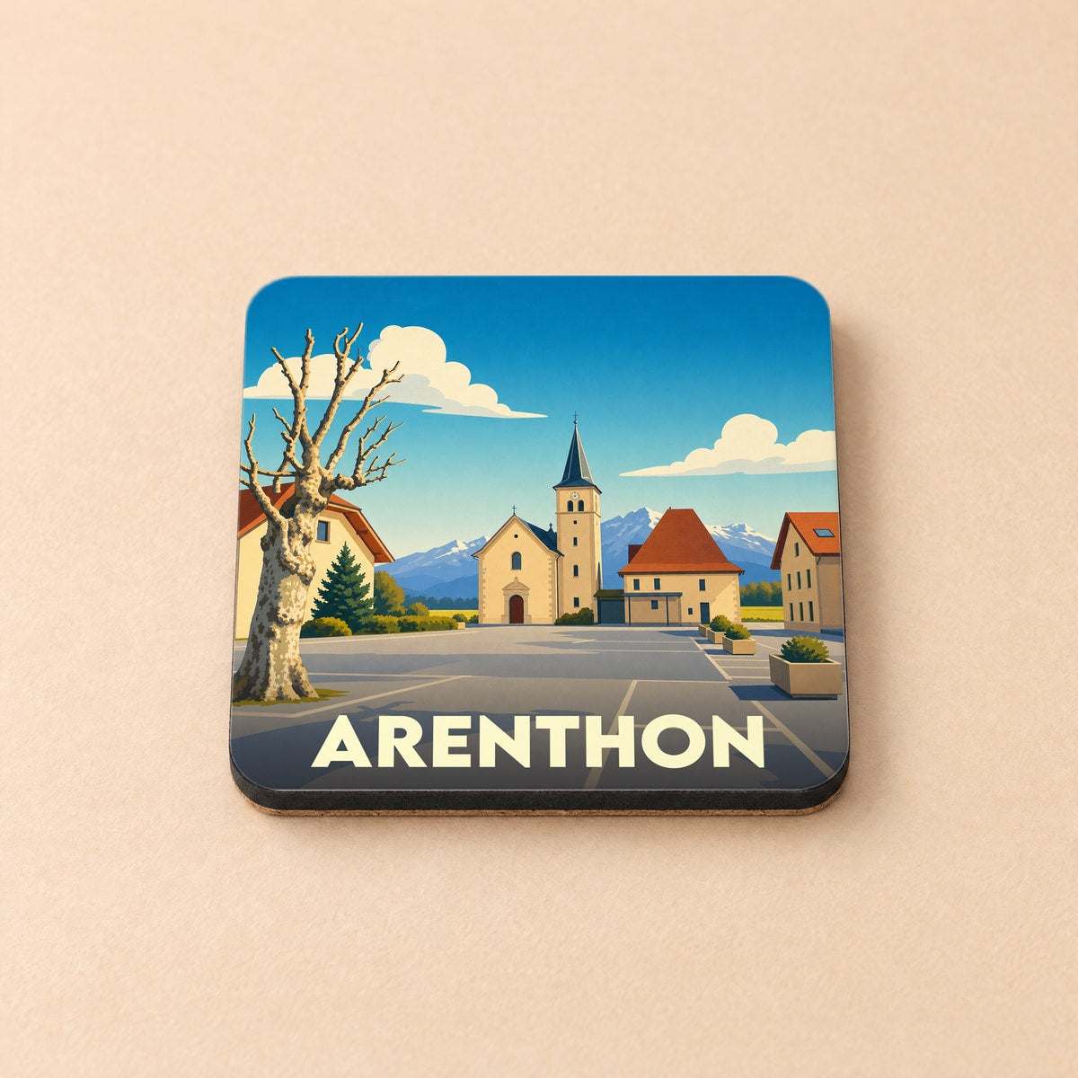 Dessous de verre souvenir de la ville d'Arenthon avec une illustration stylisée.
