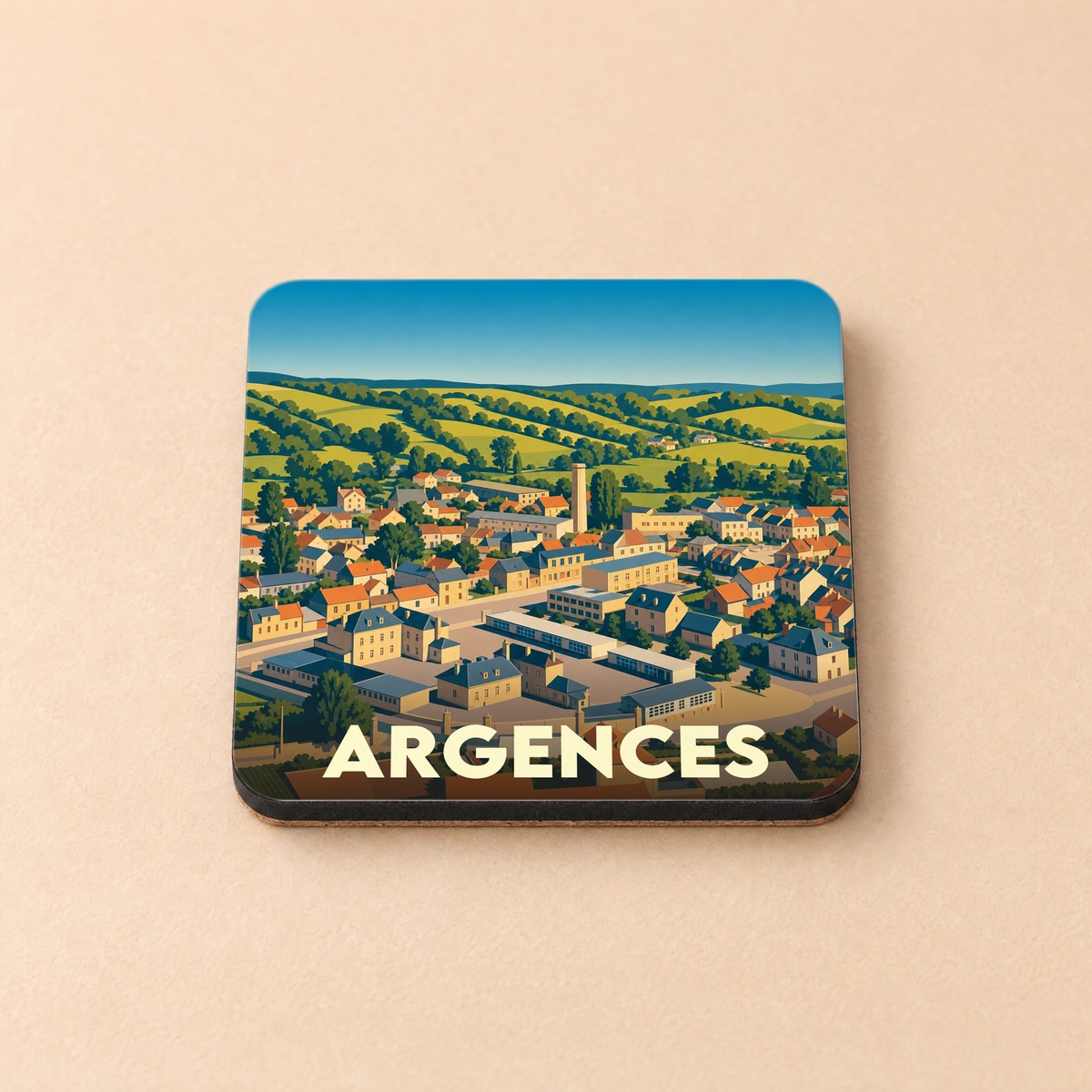 Dessous de verre souvenir de la ville d'Argences avec une illustration stylisée de ses paysages et habitations.