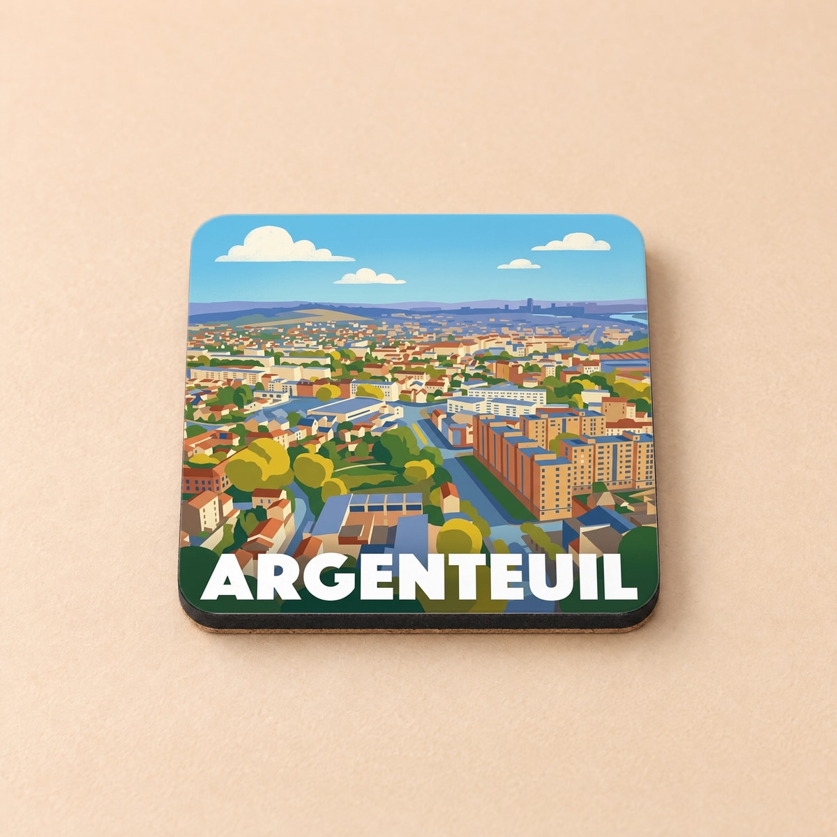 Dessous de verre souvenir de la ville d'Argenteuil avec une illustration stylisée et colorée de son paysage urbain.