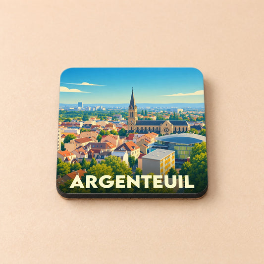 Dessous de verre souvenir de la ville d'Argenteuil illustré d'une vue panoramique colorée.