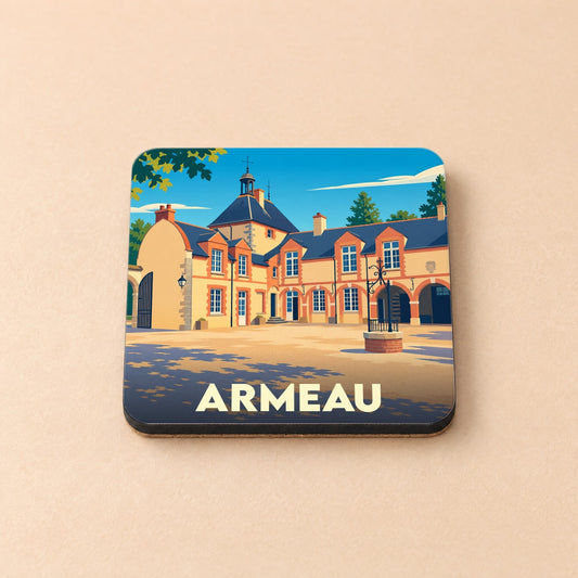 Dessous de verre souvenir de la ville de Armeau avec une illustration stylisée.