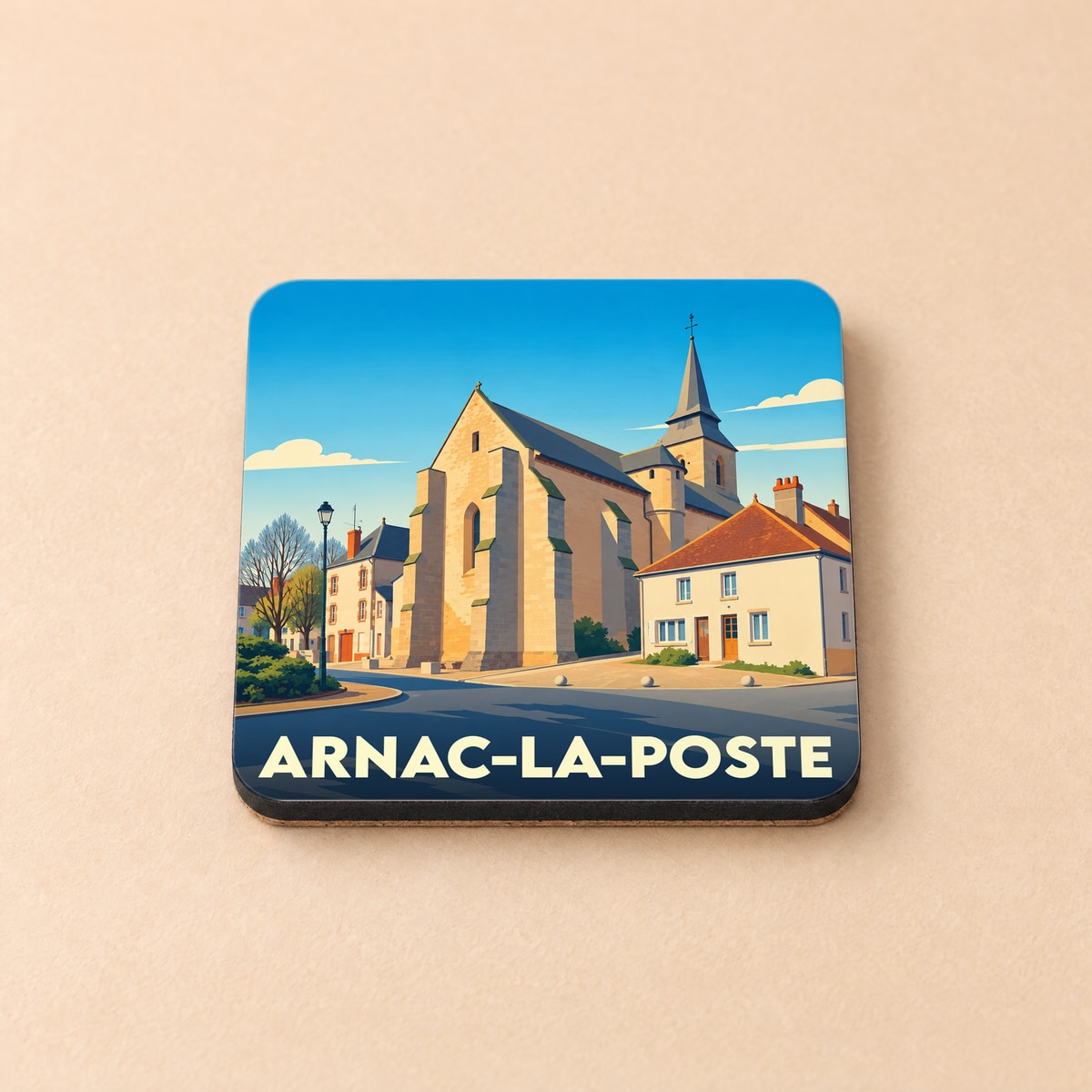 Dessous de verre souvenir de la ville d'Arnac-la-Poste avec une illustration stylisée de son église.