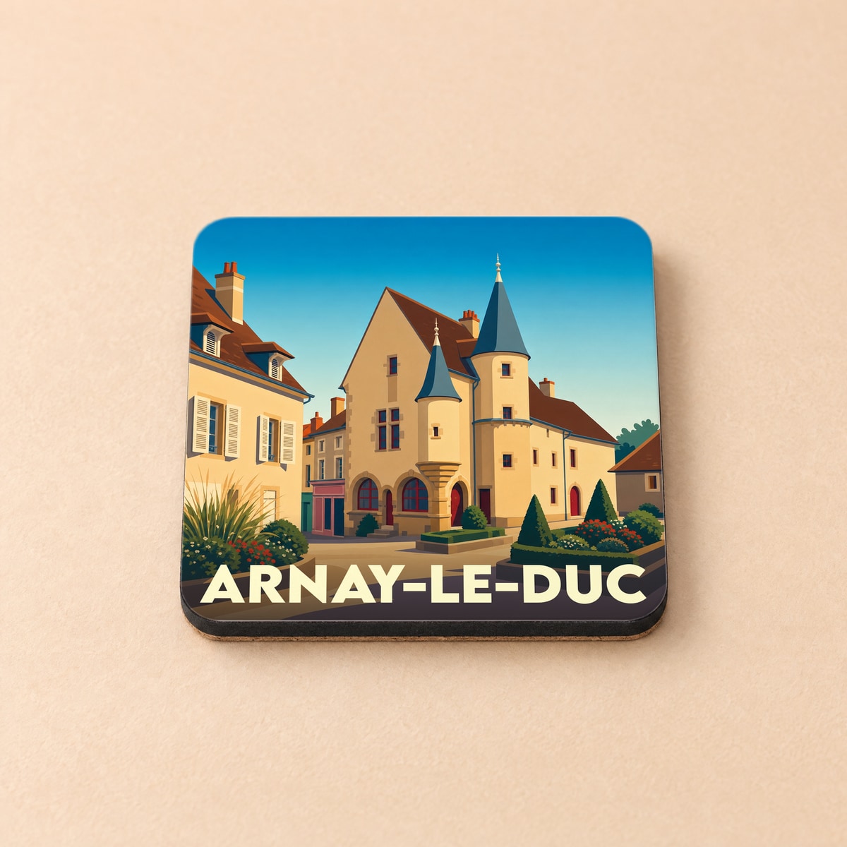 Dessous de verre souvenir de la ville d'Arnay-le-Duc avec une illustration stylisée de son architecture médiévale.