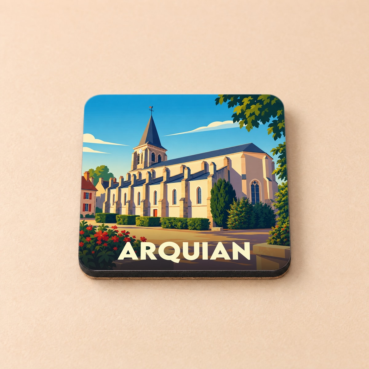 Dessous de verre souvenir de la ville d'Arquian avec une illustration stylisée de son église.