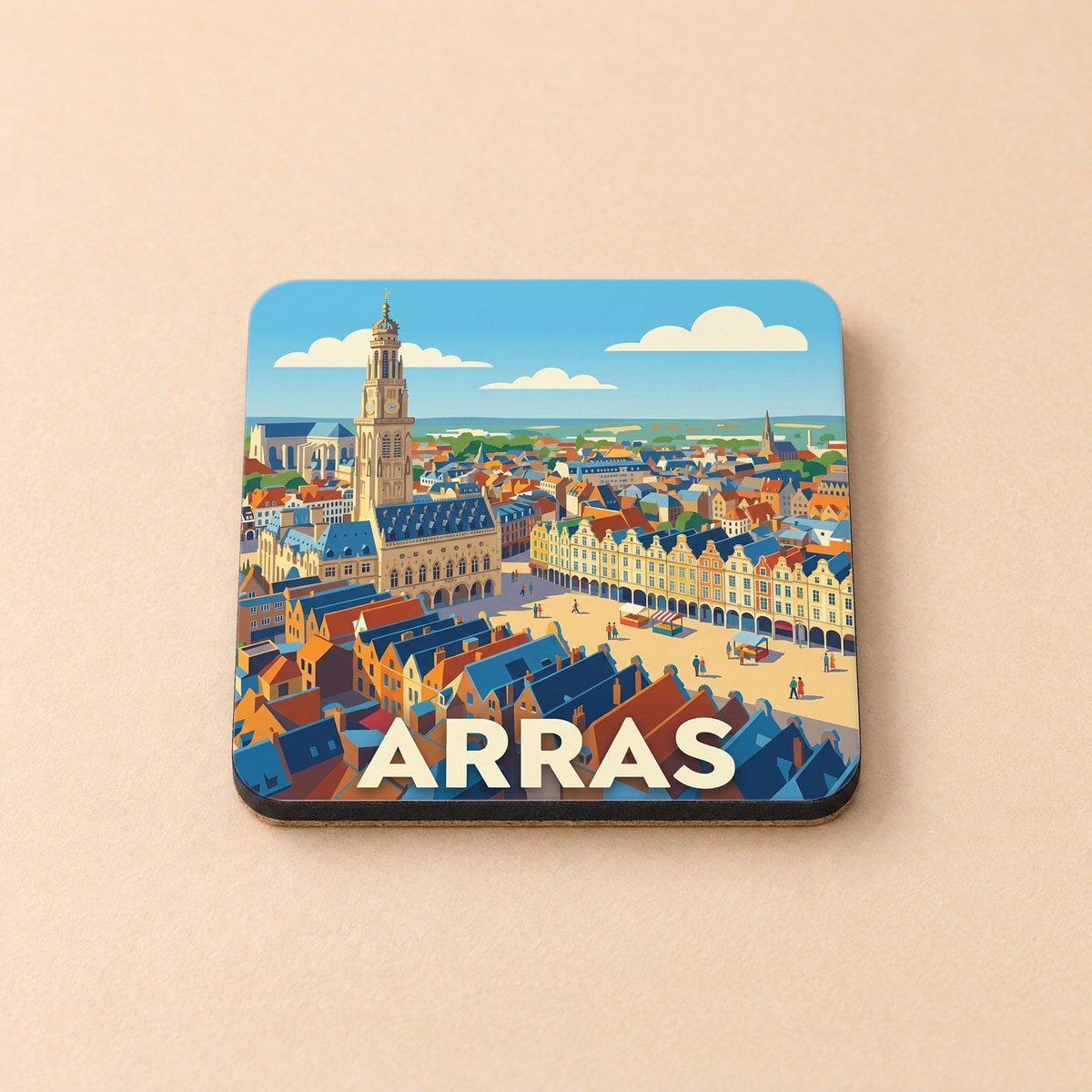 Dessous de verre souvenir de la ville d'Arras avec une illustration stylisée de sa grand-place et de son beffroi.