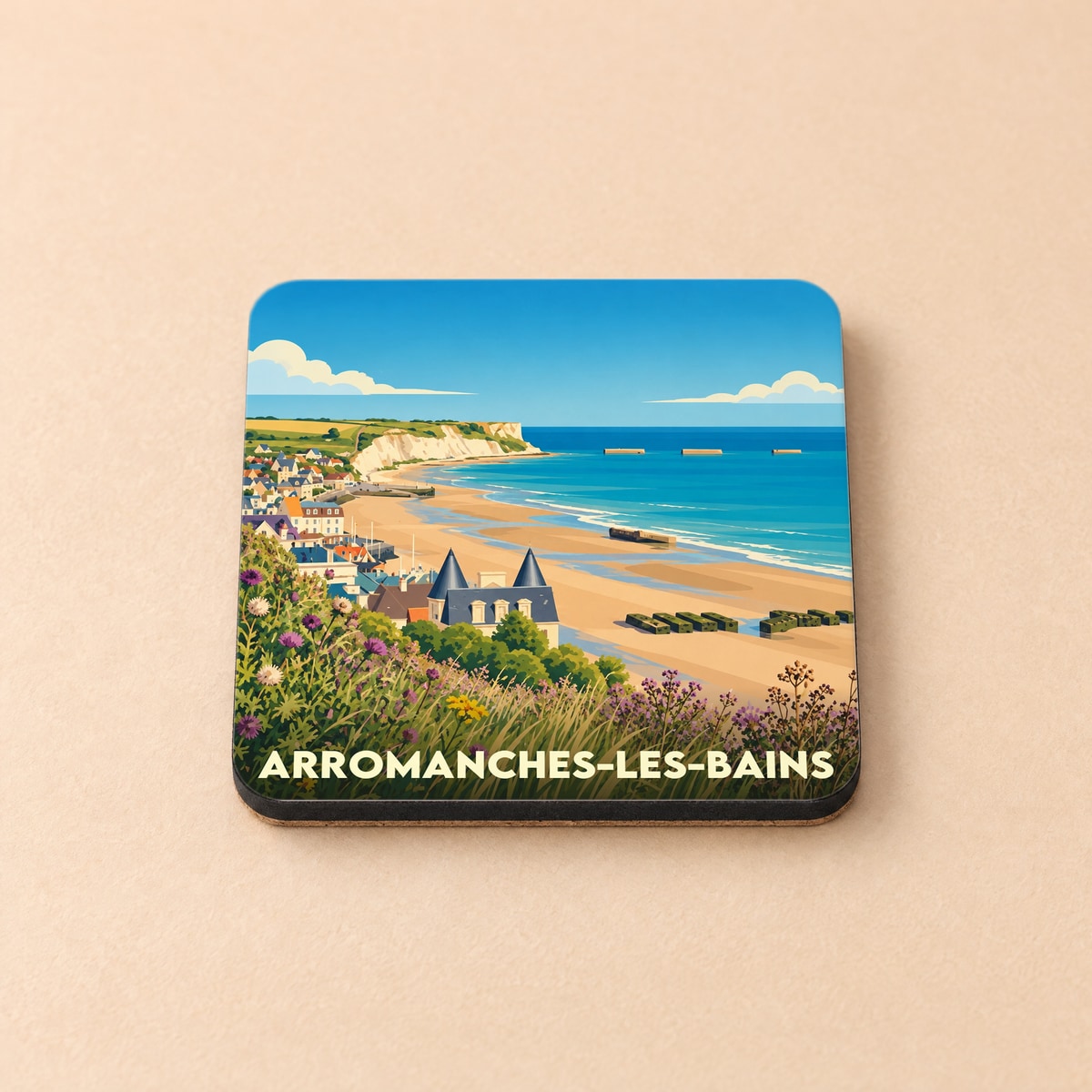 Dessous de verre souvenir de la ville d'Arromanches-les-Bains avec une illustration stylisée de son front de mer.