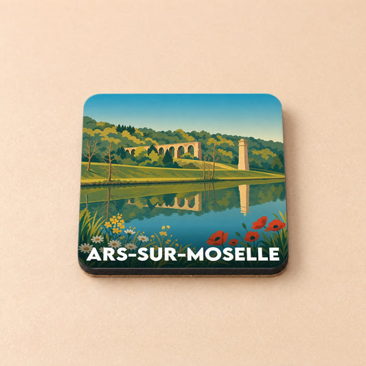 Dessous de verre souvenir de la ville de Ars-sur-Moselle illustrant son célèbre aqueduc romain bordant la Moselle.