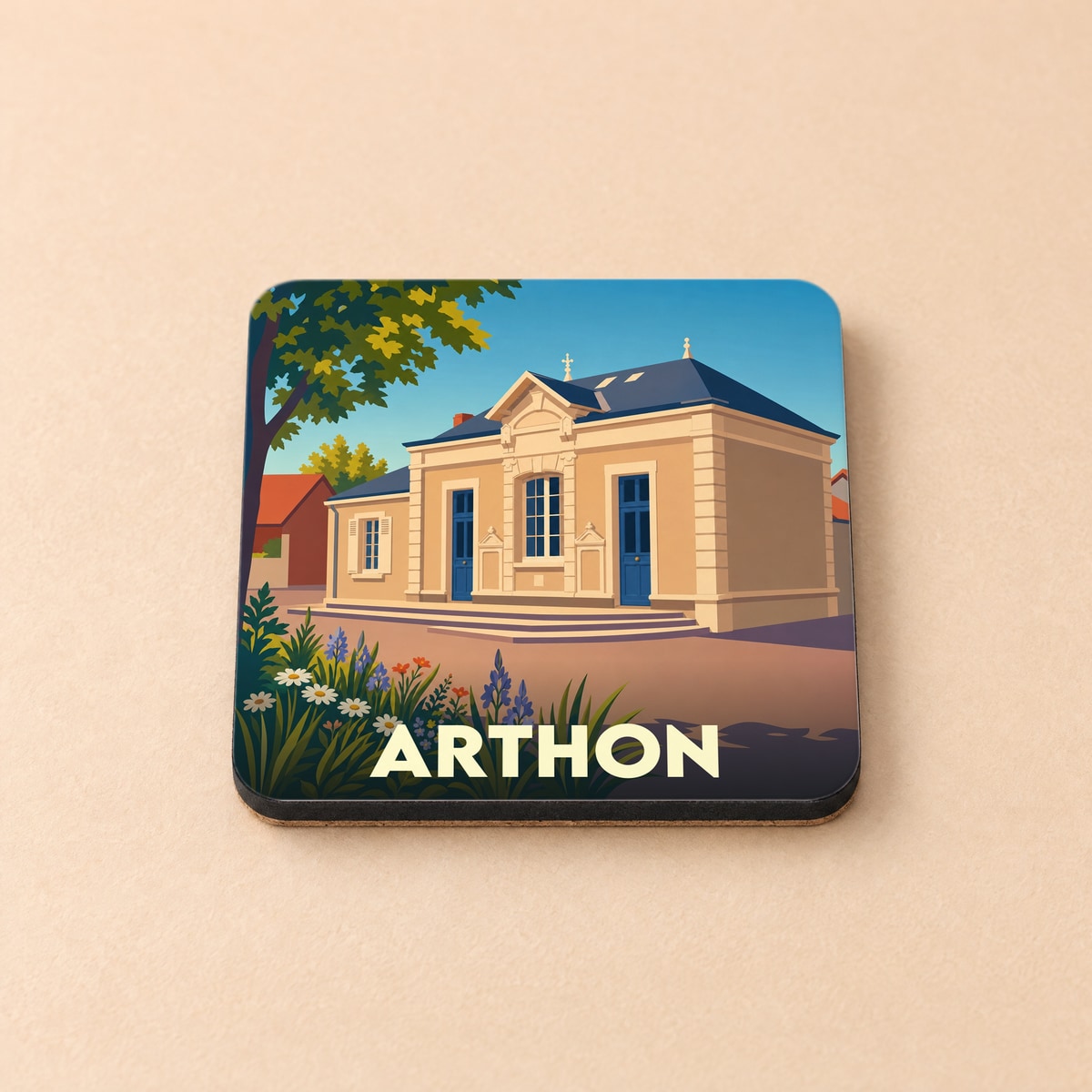Dessous de verre souvenir de la ville d'Arthon avec une illustration stylisée de sa mairie.