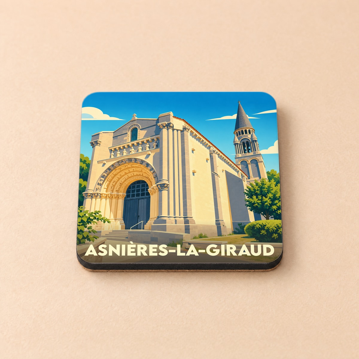 Dessous de verre souvenir de la ville d'Asnières-la-Giraud avec une illustration stylisée de son église romane.