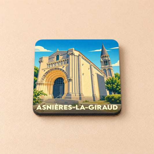 Dessous de verre souvenir de la ville d'Asnières-la-Giraud avec une illustration stylisée de son église romane.
