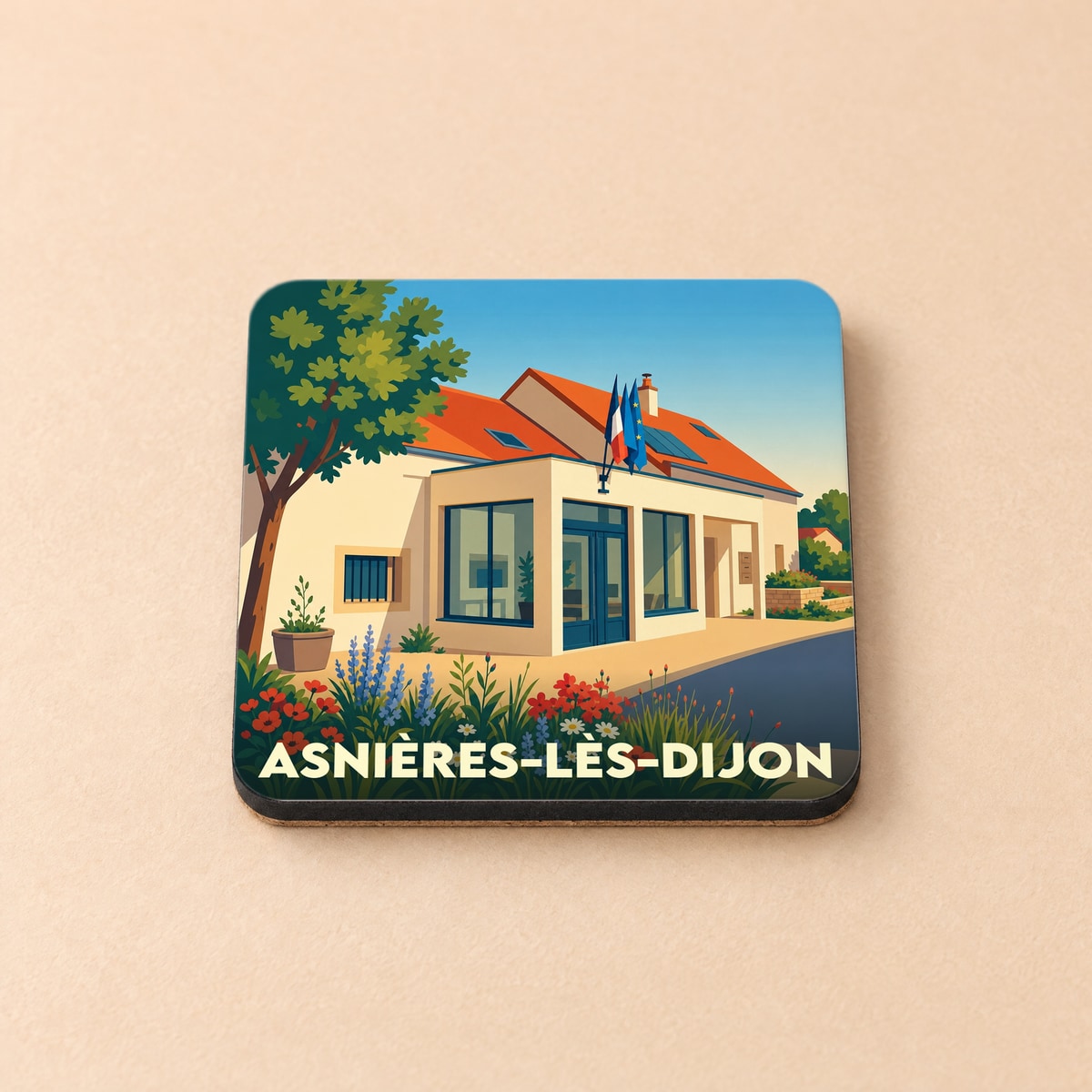Dessous de verre souvenir de la ville d'Asnières-lès-Dijon avec une illustration stylisée de la mairie.