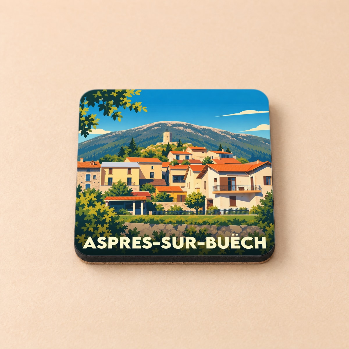Dessous de verre souvenir de la ville d'Aspres-sur-Buëch avec une illustration stylisée d'un village de montagne.