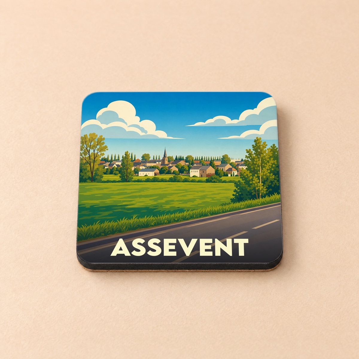 Dessous de verre souvenir de la ville d'Assevent avec une illustration stylisée d'un paysage de campagne.