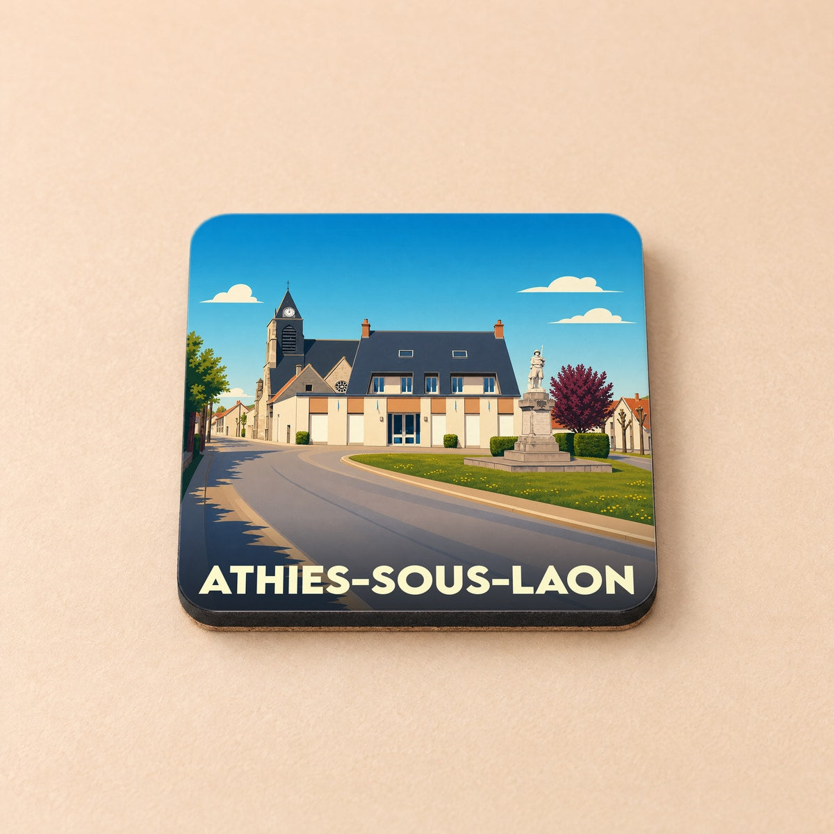 Dessous de verre souvenir de la ville de Athies-sous-Laon avec une illustration stylisée.