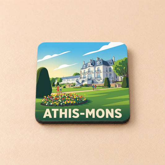 Dessous de verre souvenir de la ville d'Athis-Mons avec une illustration stylisée de son château et de ses jardins.