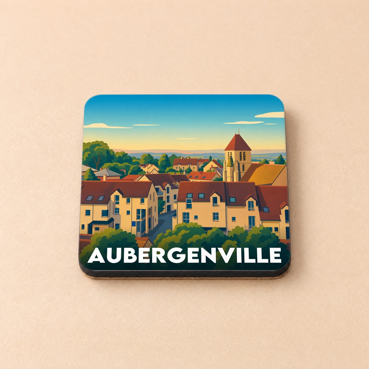 Dessous de verre souvenir de la ville d'Aubergenville avec une illustration stylisée du centre-ville.