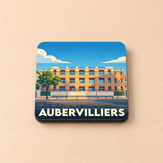 Dessous de verre souvenir de la ville d'Aubervilliers avec une illustration stylisée de son architecture.