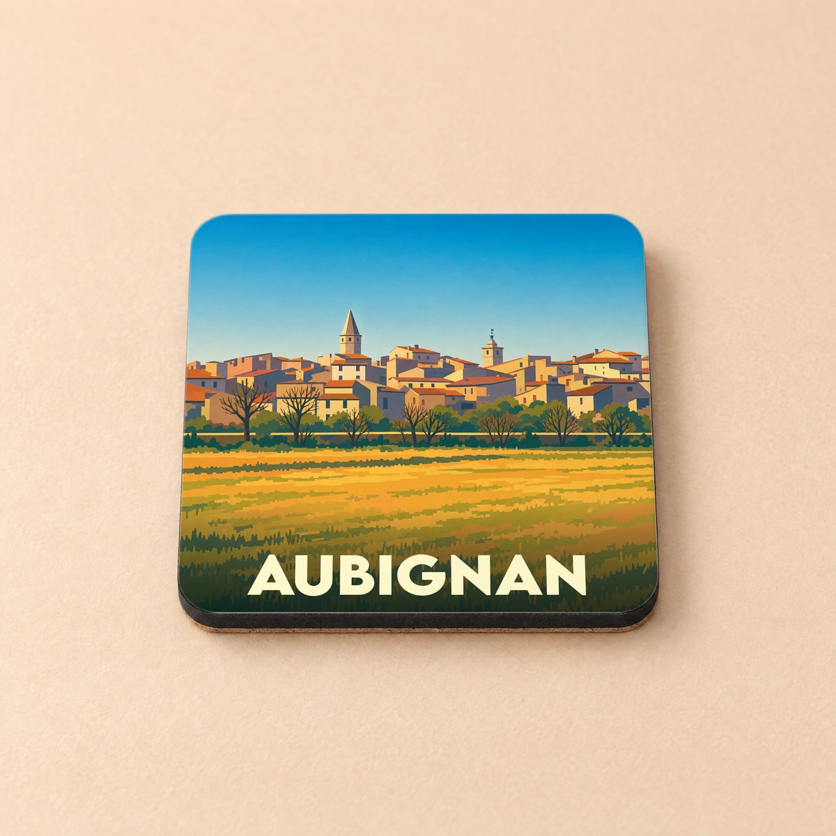 Dessous de verre souvenir de la ville d'Aubignan avec une illustration stylisée de ses paysages provençaux.