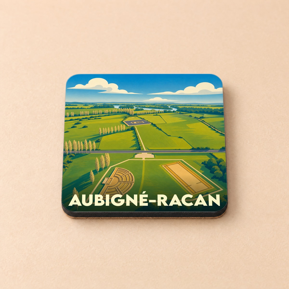 Dessous de verre souvenir de la ville d'Aubigné-Racan illustrant son site archéologique gallo-romain dans un style graphique épuré.