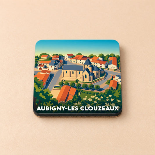Dessous de verre souvenir de la ville d'Aubigny-Les Clouzeaux avec une illustration stylisée.