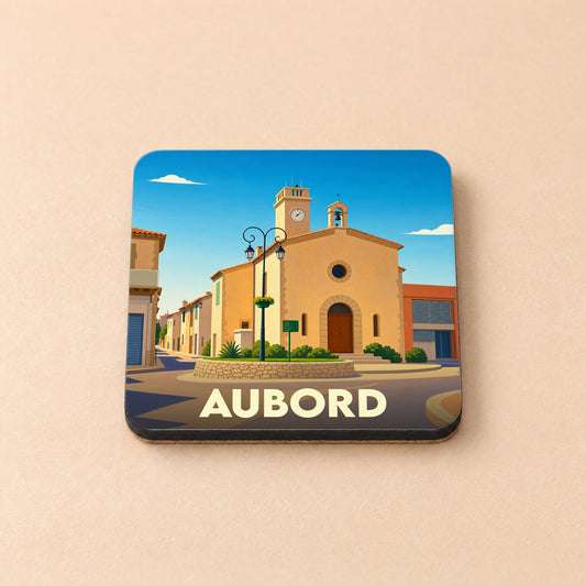 Dessous de verre souvenir de la ville d'Aubord avec une illustration stylisée de sa place centrale.