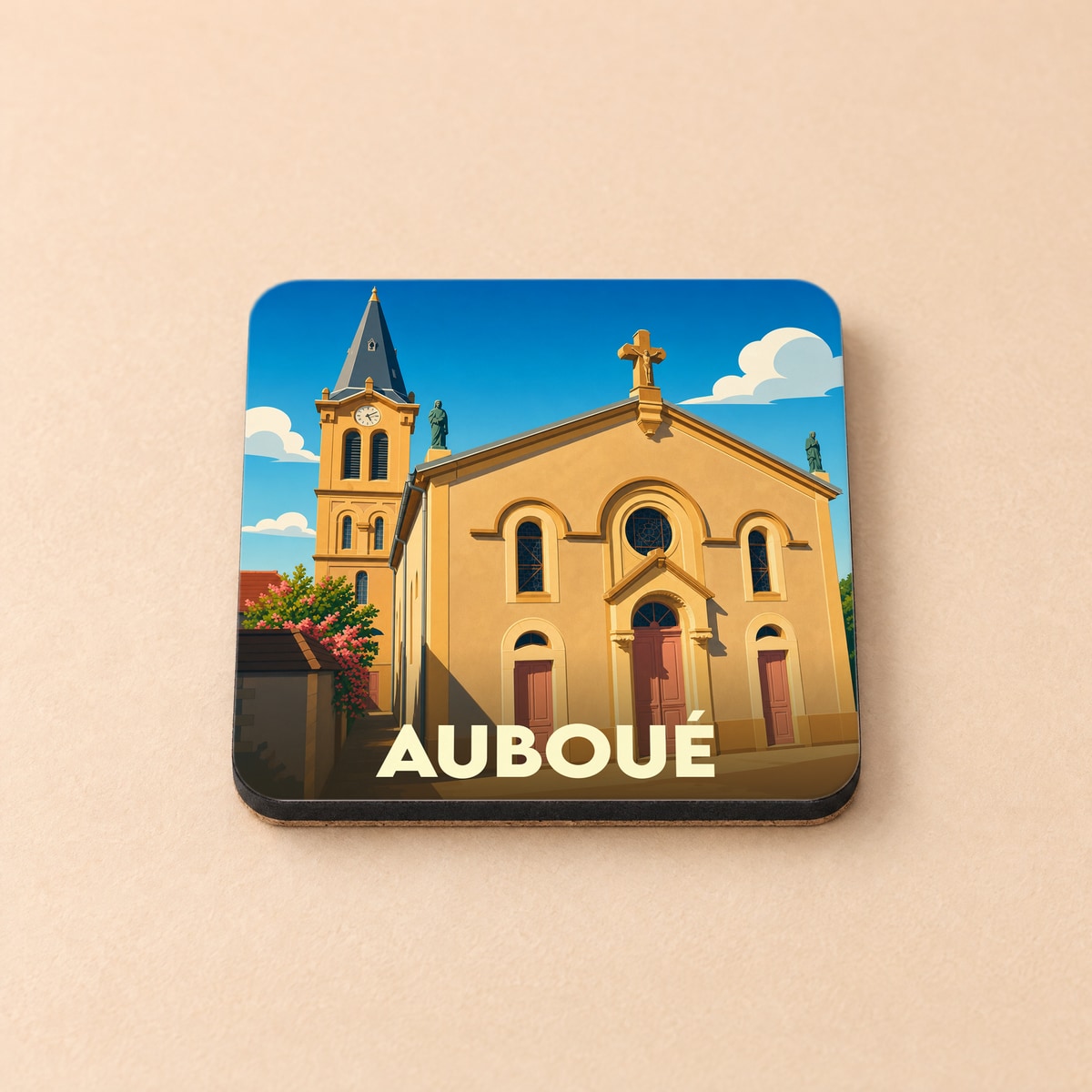 Dessous de verre souvenir de la ville d'Auboué avec une illustration stylisée de son église.