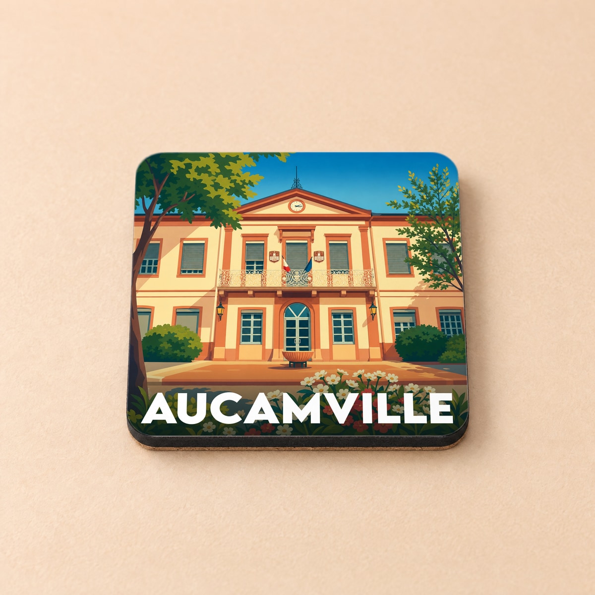 Dessous de verre souvenir de la ville d'Aucamville avec une illustration stylisée de la mairie.