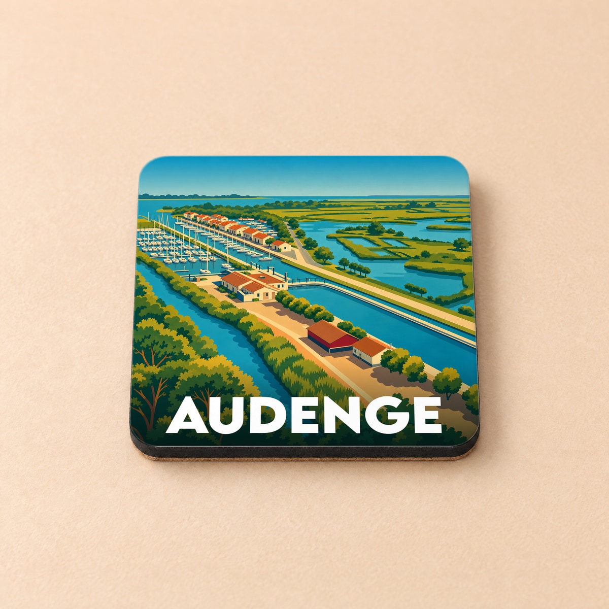 Dessous de verre souvenir de la ville de Audenge avec une illustration stylisée de son port et de ses marais.