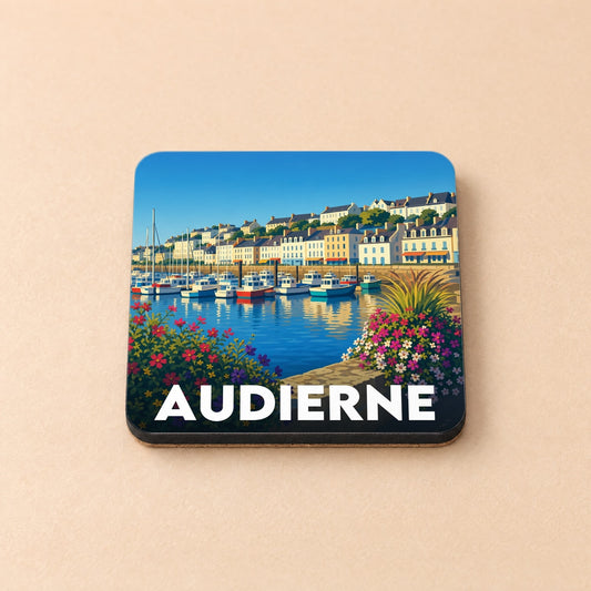 Dessous de verre souvenir de la ville d'Audierne avec une illustration stylisée de son port.