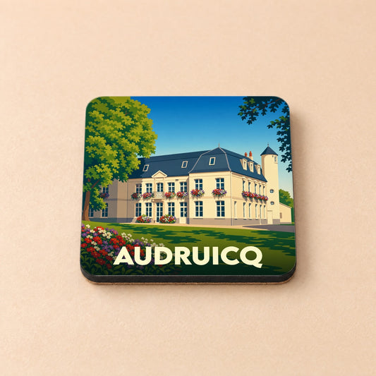 Dessous de verre souvenir de la ville d'Audruicq avec une illustration stylisée de son hôtel de ville.