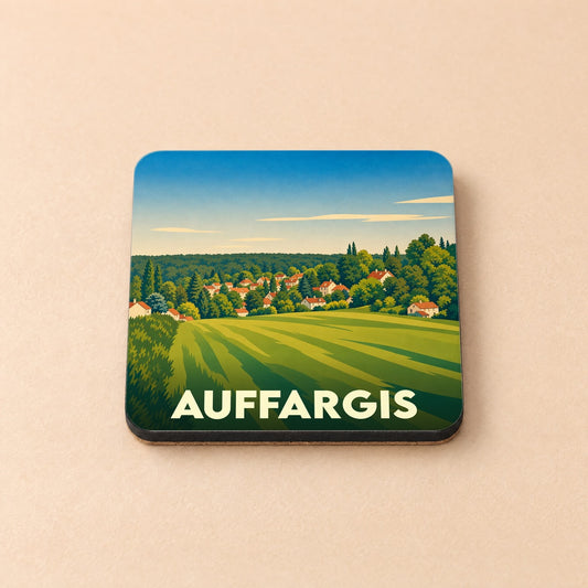 Dessous de verre souvenir de la ville d'Auffargis avec une illustration stylisée de son paysage vallonné.