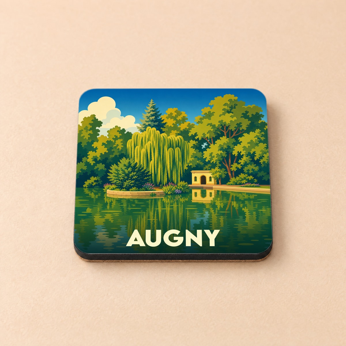 Dessous de verre souvenir de la ville d'Augny avec une illustration stylisée d'un parc boisé au bord de l'eau.