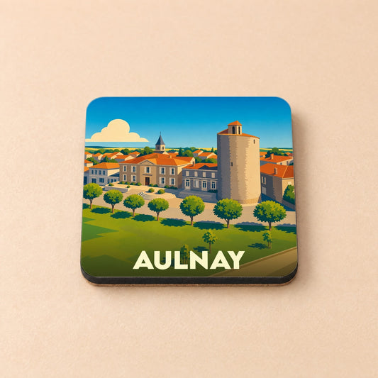 Dessous de verre souvenir de la ville d'Aulnay avec une illustration stylisée de son patrimoine architectural.