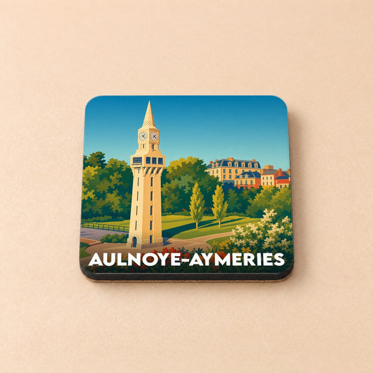 Dessous de verre souvenir de la ville d'Aulnoye-Aymeries avec une illustration stylisée d'un parc et de sa tour horloge.