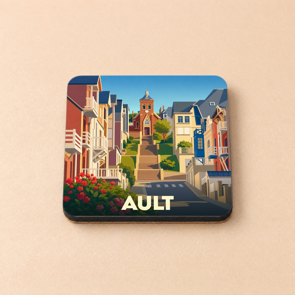 Dessous de verre souvenir de la ville de Ault avec une illustration stylisée de ses rues escarpées et de son église.