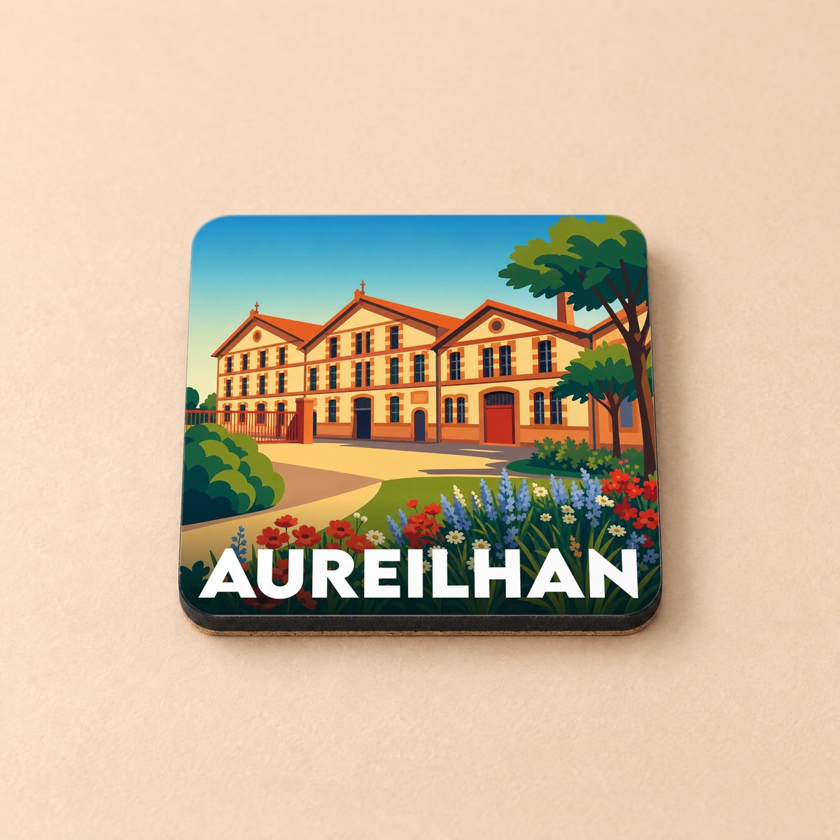 Dessous de verre souvenir de la ville d'Aureilhan avec une illustration colorée et stylisée de ses bâtiments emblématiques.