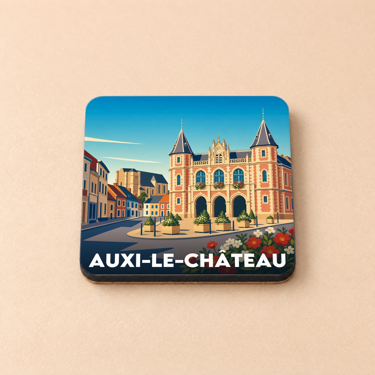 Dessous de verre souvenir de la ville d'Auxi-le-Château avec une illustration stylisée de son hôtel de ville.
