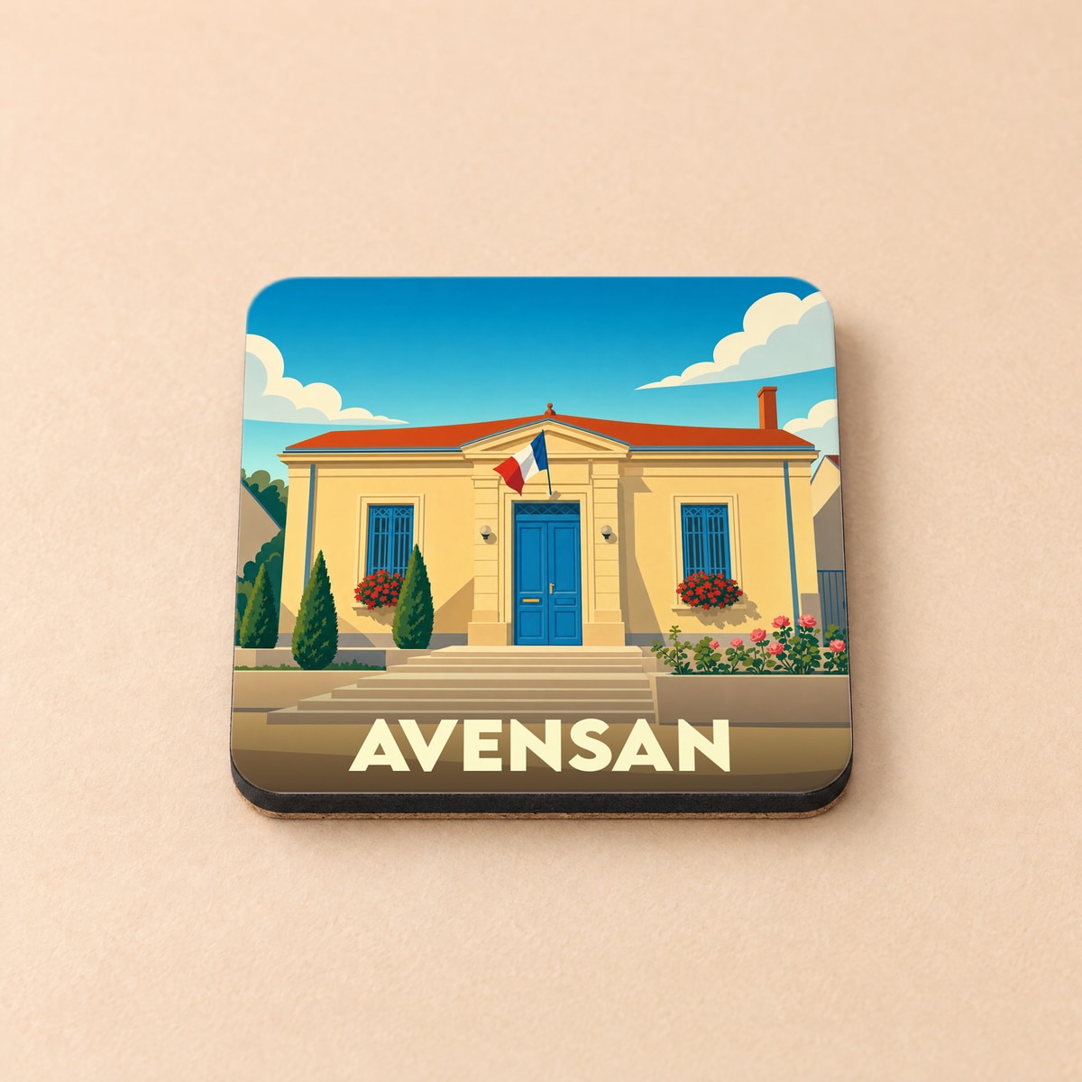 Dessous de verre souvenir de la ville d'Avensan avec une illustration stylisée de la mairie.