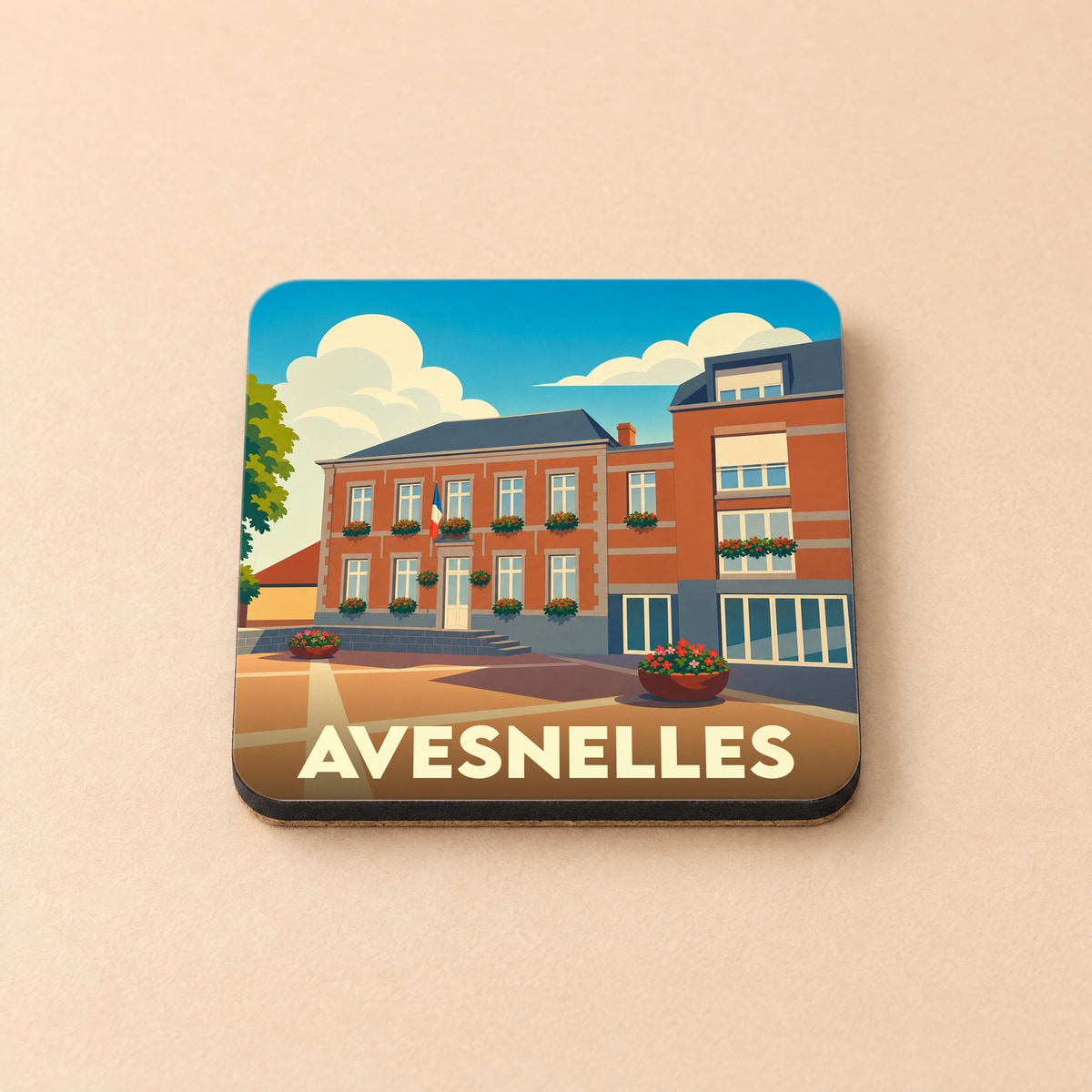 Dessous de verre souvenir de la ville d'Avesnelles avec une illustration stylisée de sa mairie.