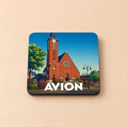Dessous de verre souvenir de la ville d'Avion avec une illustration stylisée de son église.