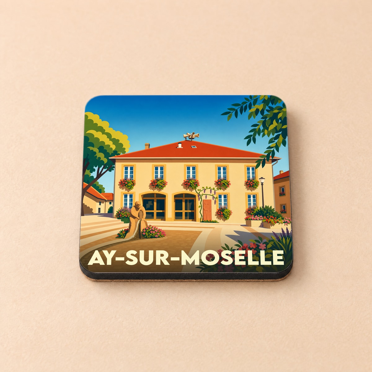 Dessous de verre souvenir de la ville de Ay-sur-Moselle avec une illustration stylisée.