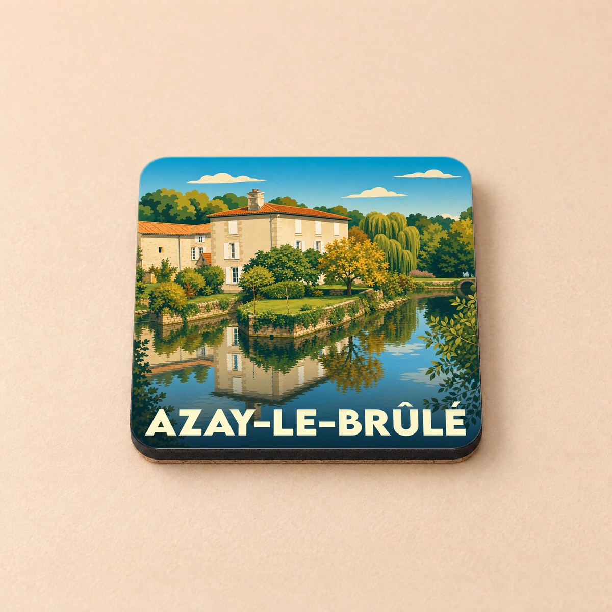 Dessous de verre souvenir de la ville d'Azay-le-Brûlé avec une illustration stylisée d'une bâtisse au bord de l'eau.