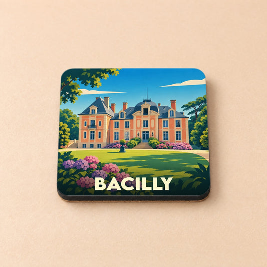 Dessous de verre souvenir de la ville de Bacilly avec une illustration stylisée d'un château entouré de jardins.