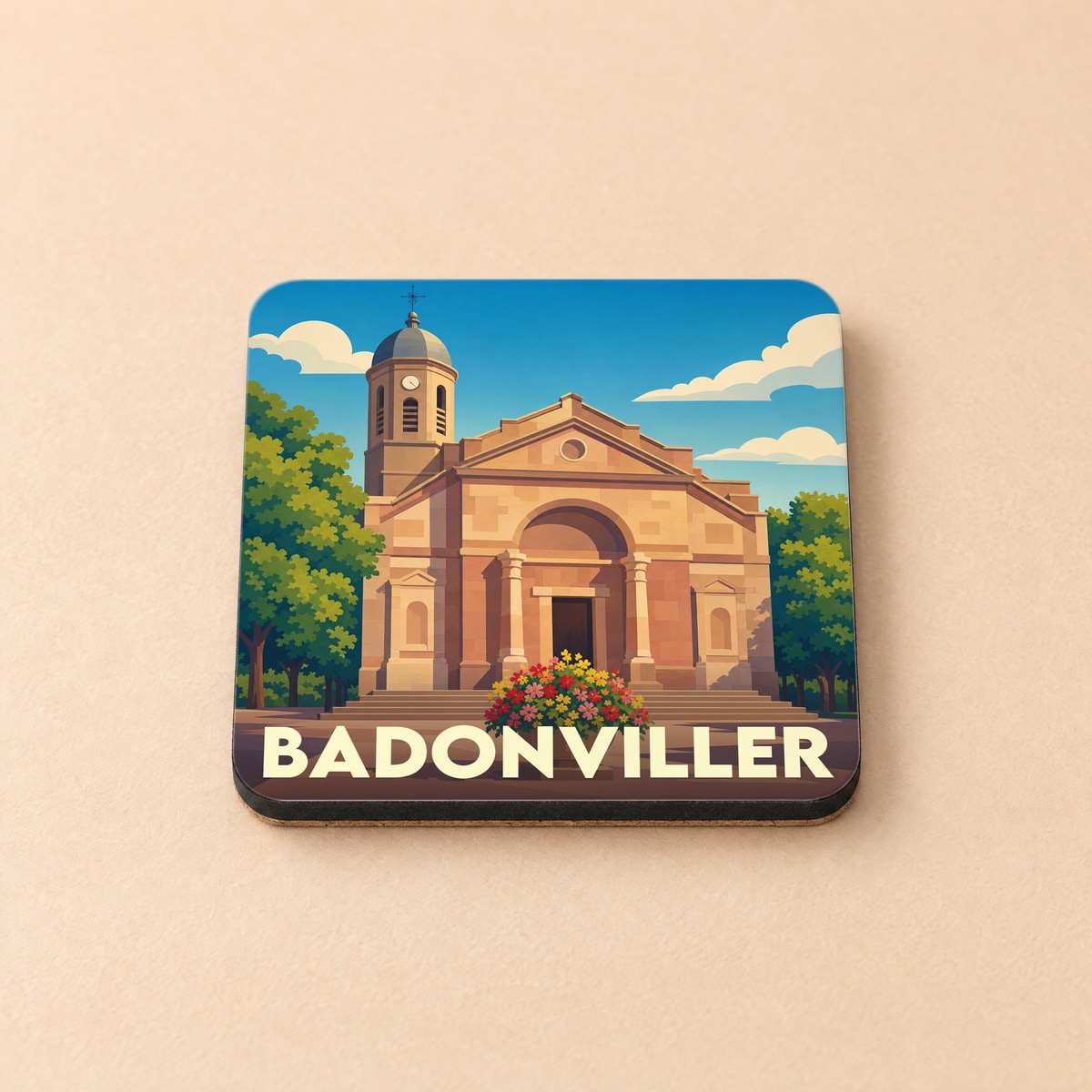 Dessous de verre souvenir de la ville de Badonviller avec une illustration stylisée de son église.