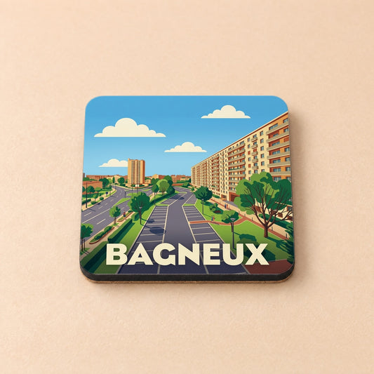 Dessous de verre souvenir de la ville de Bagneux avec une illustration stylisée d'un paysage urbain.